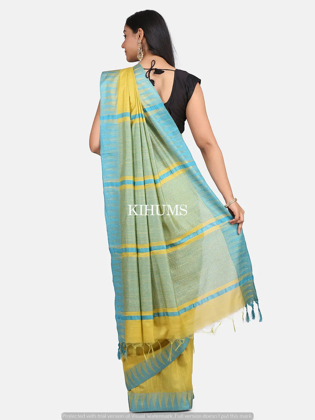 Mint Yellow Handmade Viscose Silk Saree | Temple Border | KIHUMS Saree kihums clothing