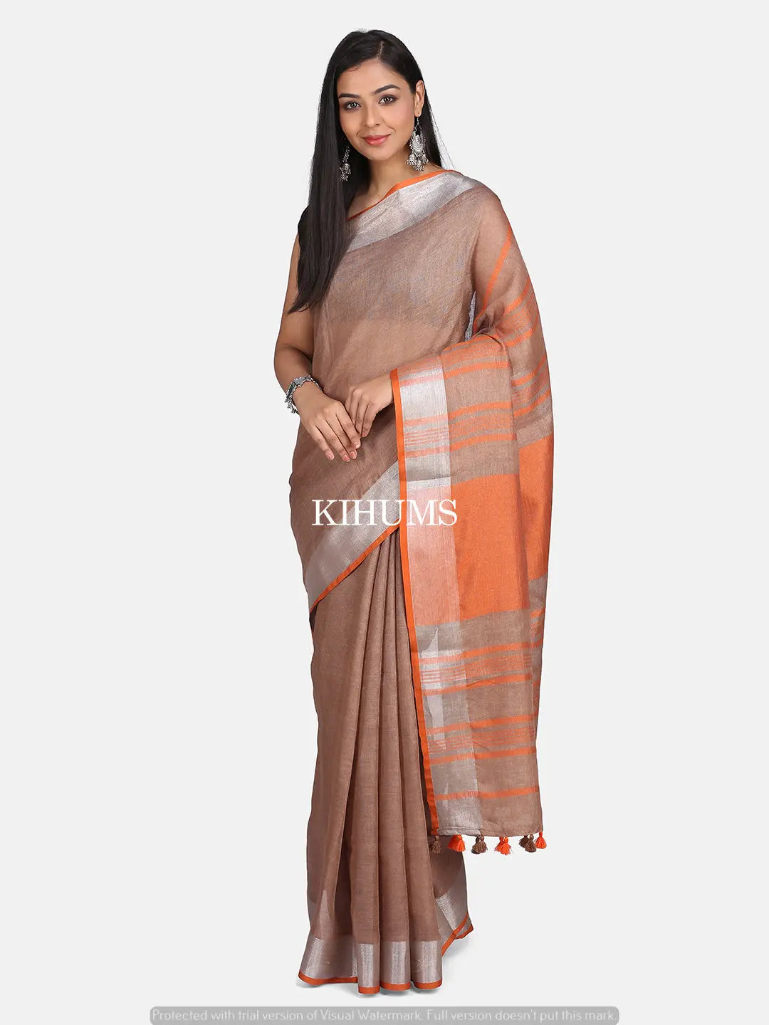 Dusty Brown Shade Handmade Pure Linen Saree | Blue Border | KIHUMS Saree kihums clothing