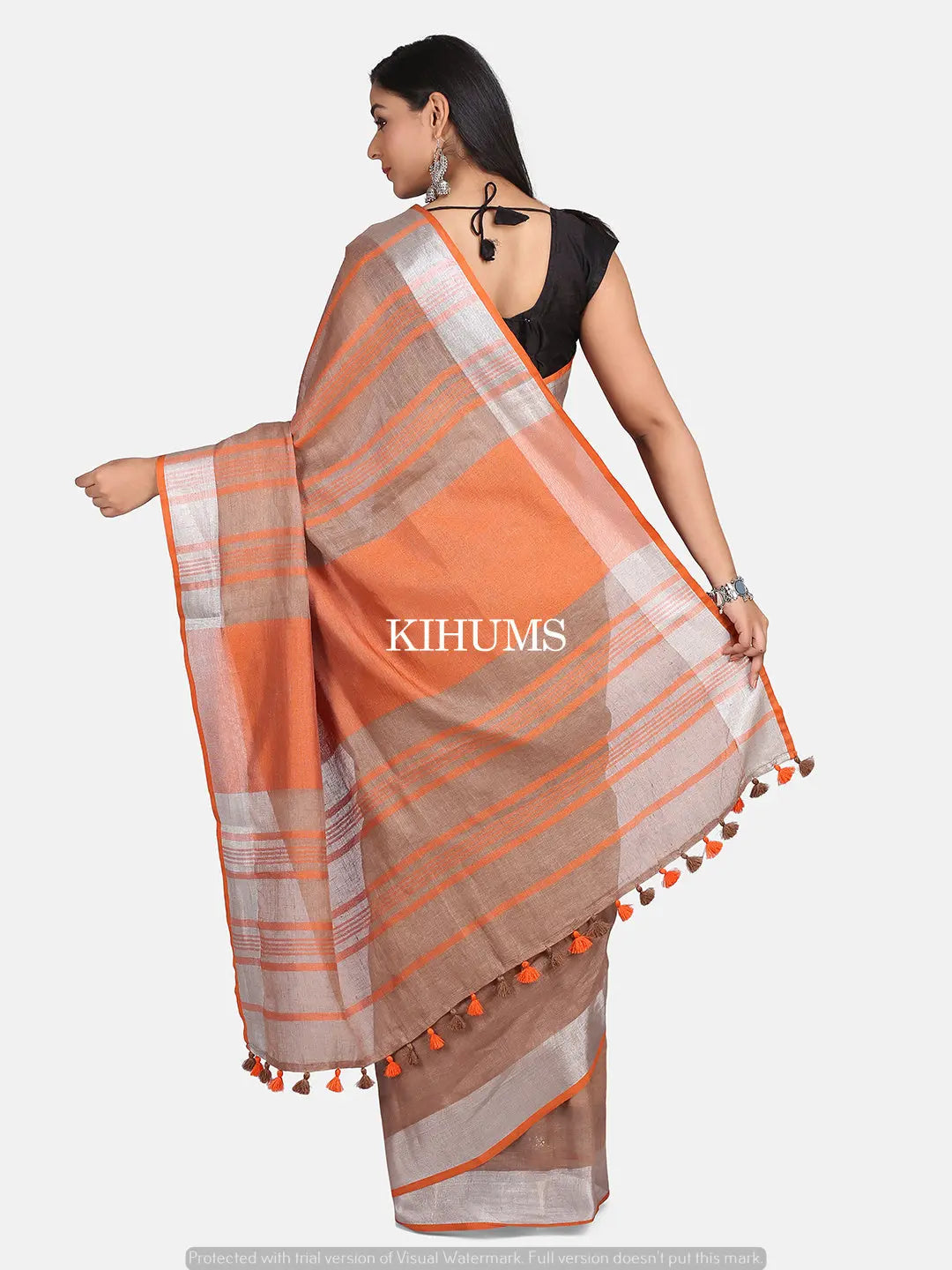 Dusty Brown Shade Handmade Pure Linen Saree | Blue Border | KIHUMS Saree kihums clothing