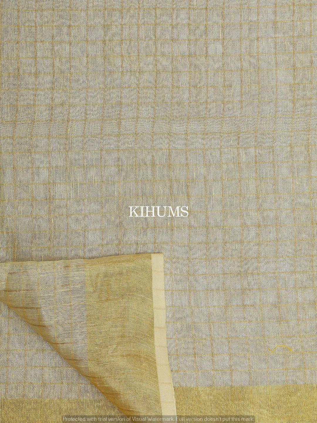 Light Cream woth Gold Zari Checks Handmade Pure Tissue Linen Saree | KIHUMS Saree kihums clothing
