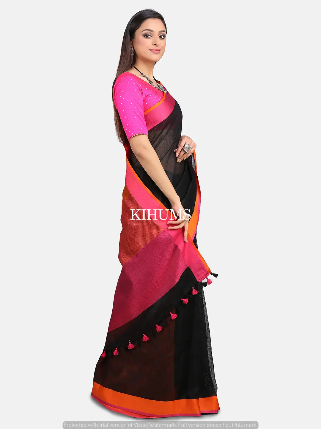 Black Handmade Pure Linen Saree | Contrast Colored Border | KIHUMS Saree kihums clothing