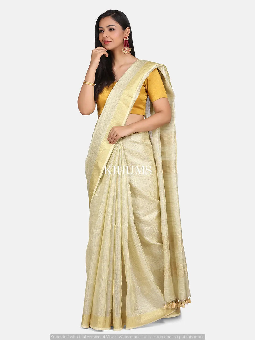 Light Cream woth Gold Zari Checks Handmade Pure Tissue Linen Saree | KIHUMS Saree kihums clothing