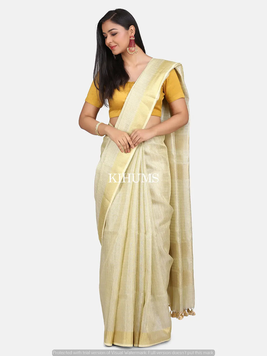 Light Cream woth Gold Zari Checks Handmade Pure Tissue Linen Saree | KIHUMS Saree kihums clothing