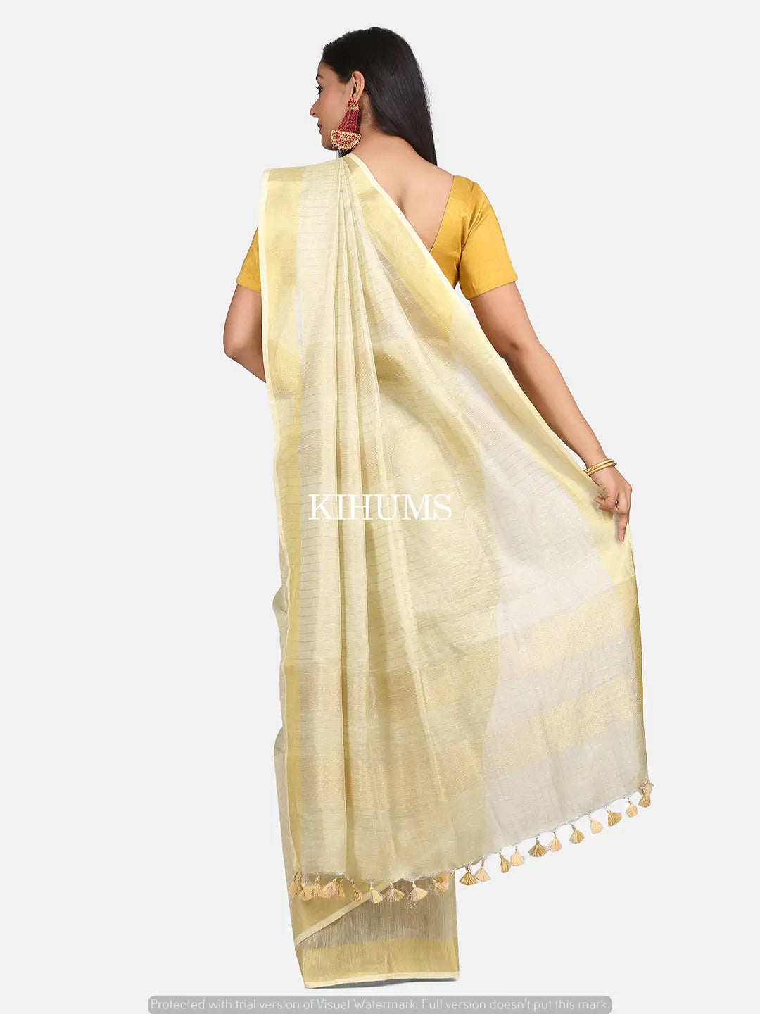 Light Cream woth Gold Zari Checks Handmade Pure Tissue Linen Saree | KIHUMS Saree kihums clothing