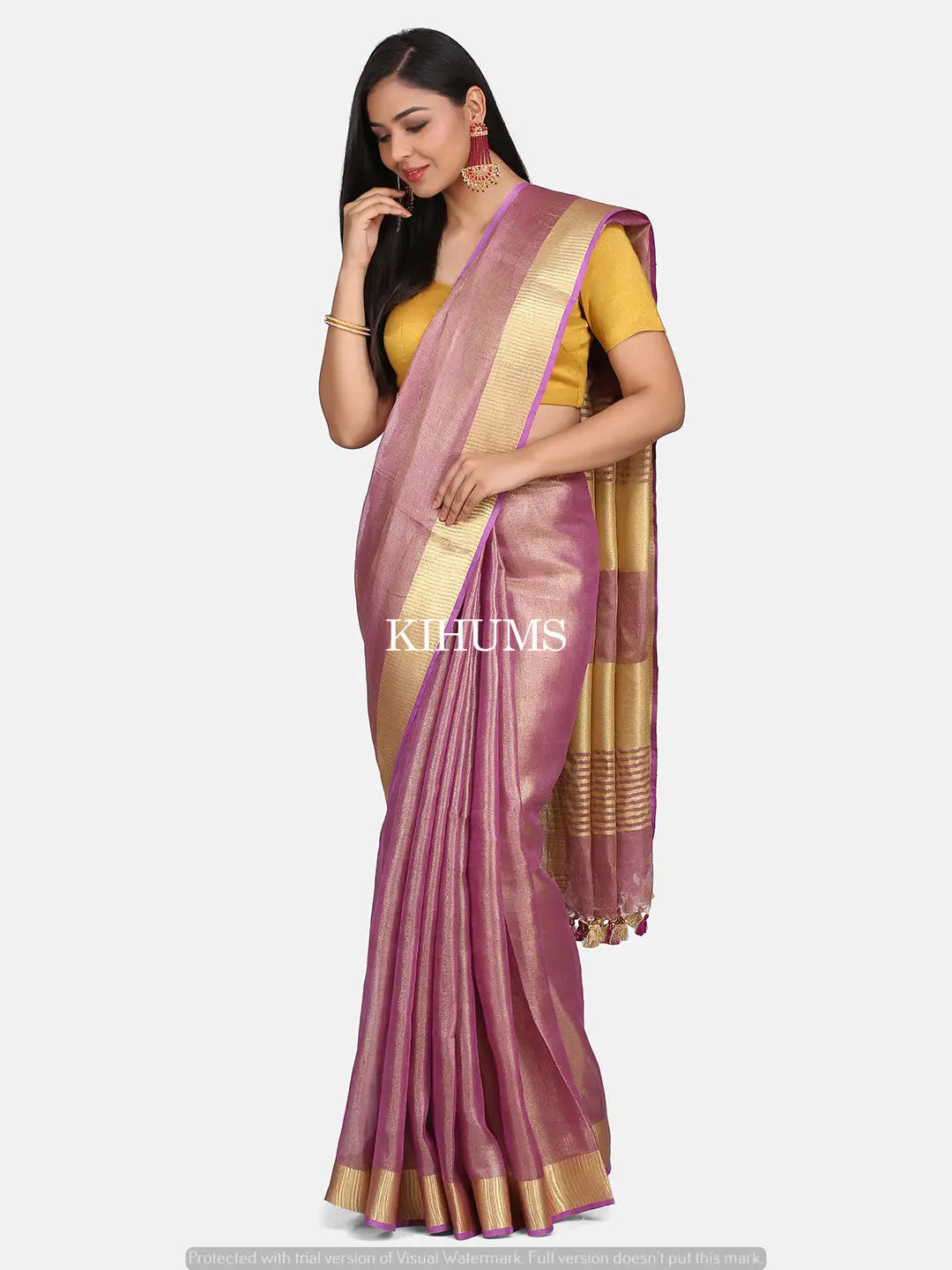 Purple with Gold Zari Tissue Linen Saree | KIHUMS Saree women clothing