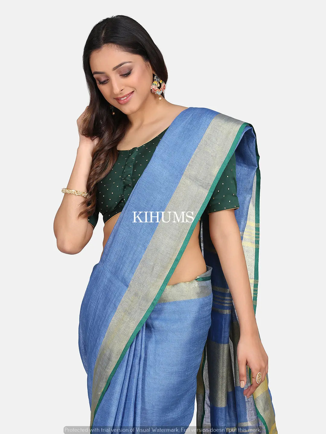 Blue Handwoven Linen Saree | Gold Zari border | KIHUMS Saree kihums clothing