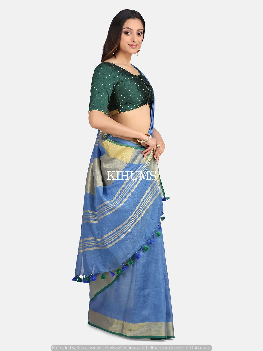 Blue Handwoven Linen Saree | Gold Zari border | KIHUMS Saree kihums clothing