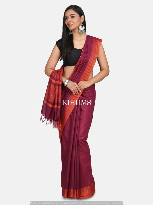 Dark Maroon Shade Handmade Viscose Silk Saree | Temple Border | KIHUMS Saree kihums clothing