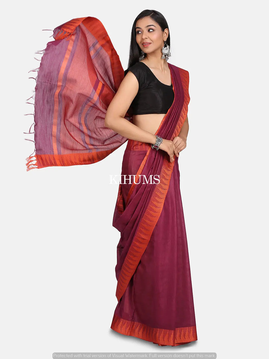 Dark Maroon Shade Handmade Viscose Silk Saree | Temple Border | KIHUMS Saree kihums clothing