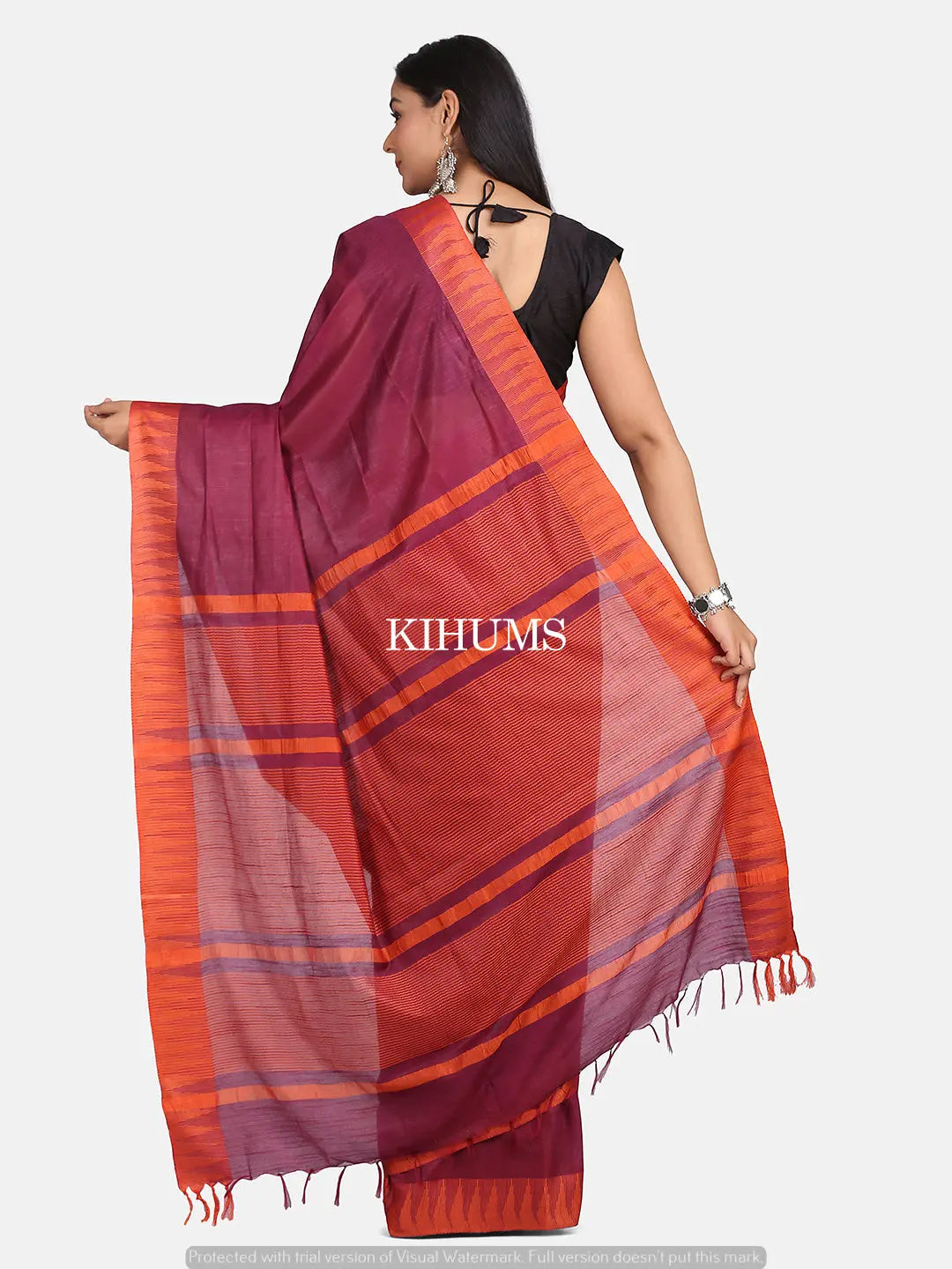 Dark Maroon Shade Handmade Viscose Silk Saree | Temple Border | KIHUMS Saree kihums clothing