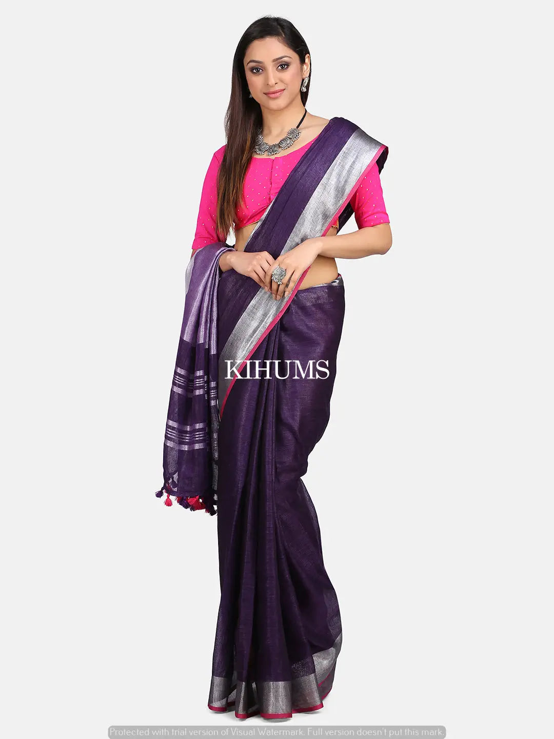 Dark Purple Shade Handmade Pure Linen Saree | Silver Border with Pink Kanni | KIHUMS Saree kihums clothing