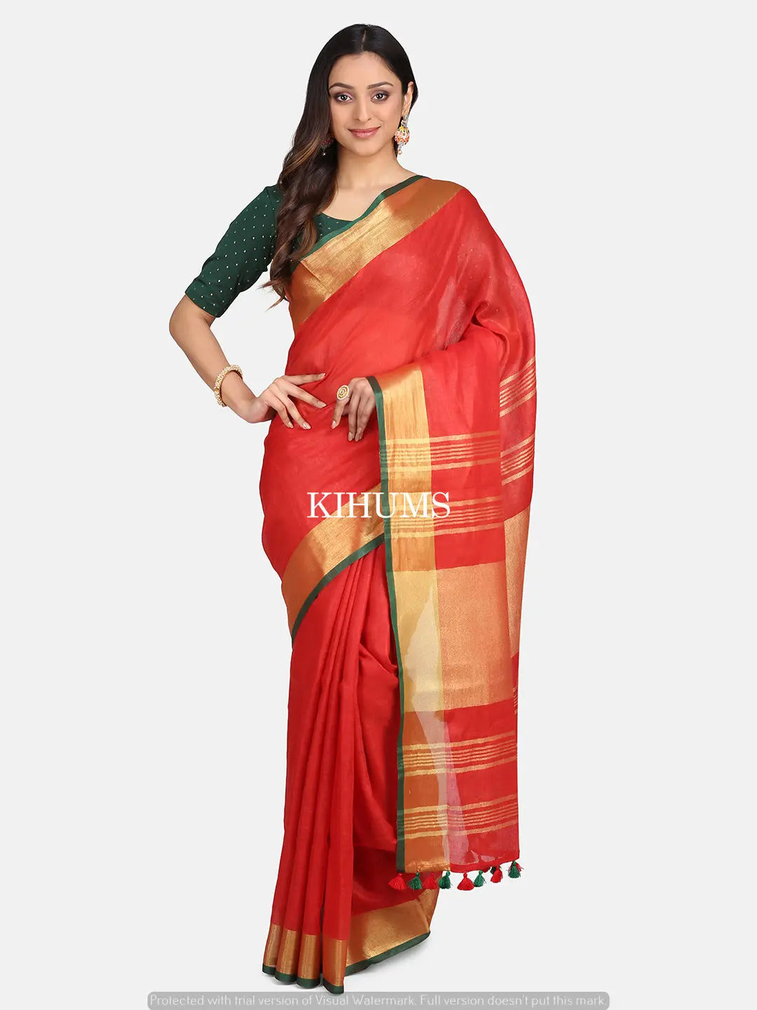 Red Shade Handwoven Linen Saree | Contrast Blouse | KIHUMS Saree kihums clothing