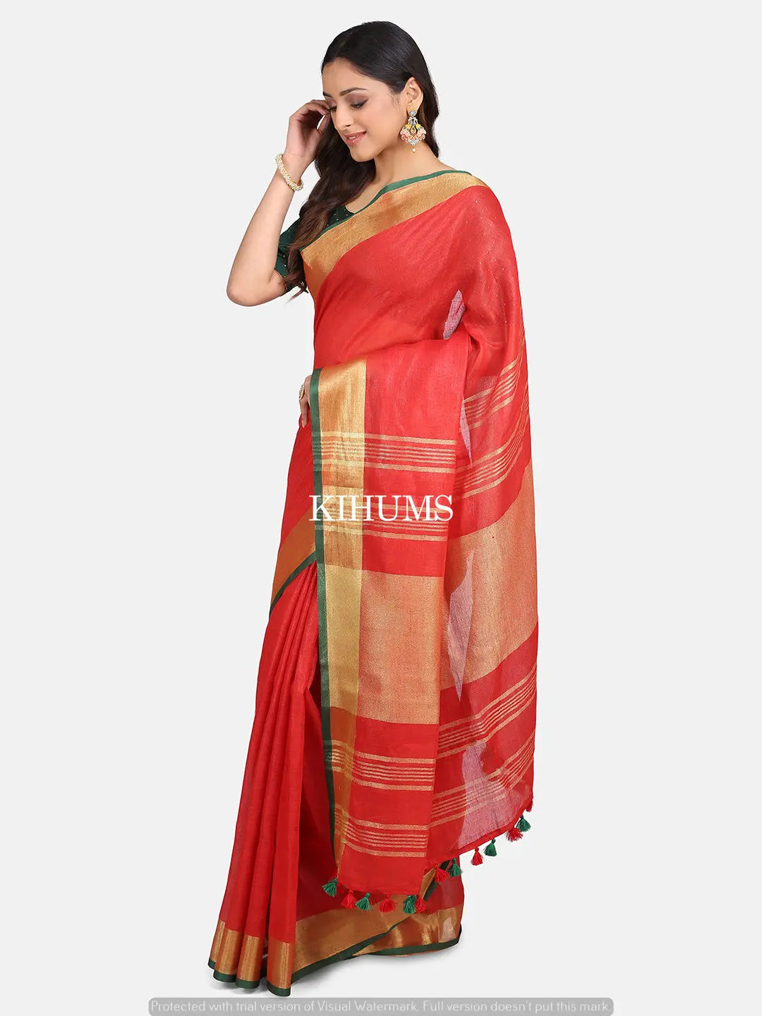 Red Shade Handwoven Linen Saree | Contrast Blouse | KIHUMS Saree kihums clothing