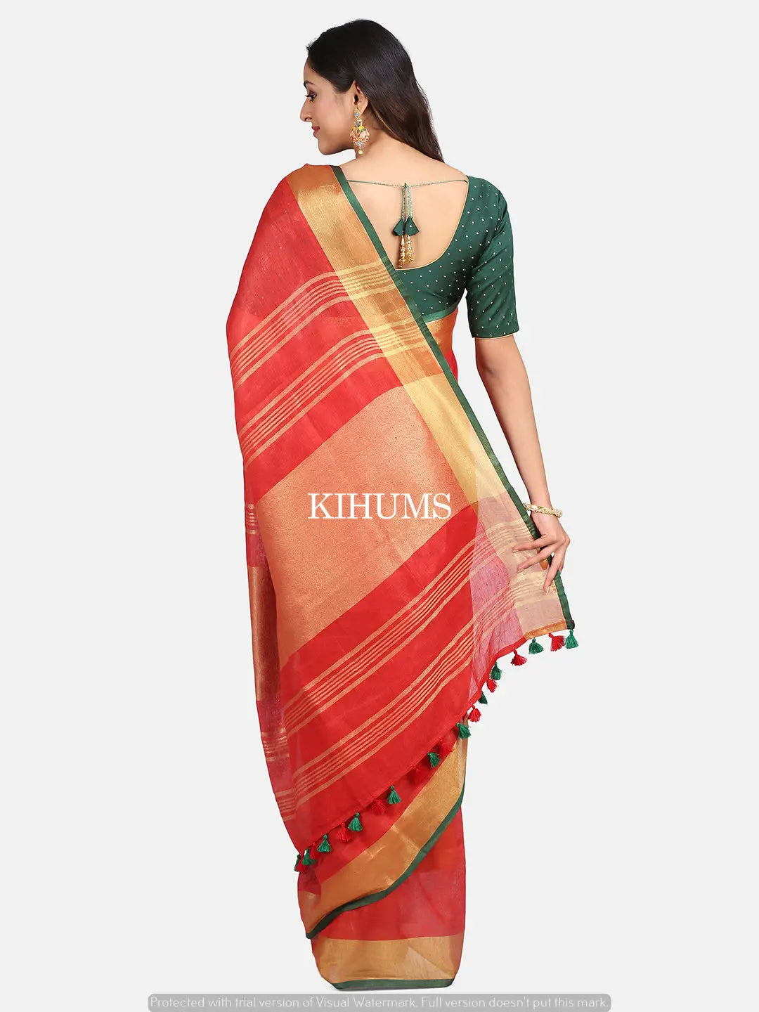 Red Shade Handwoven Linen Saree | Contrast Blouse | KIHUMS Saree kihums clothing