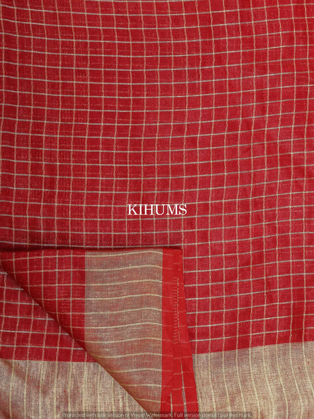 Dark Red Shade Handmade Pure Linen Saree | Gold Zari Checks | KIHUMS Saree kihums clothing