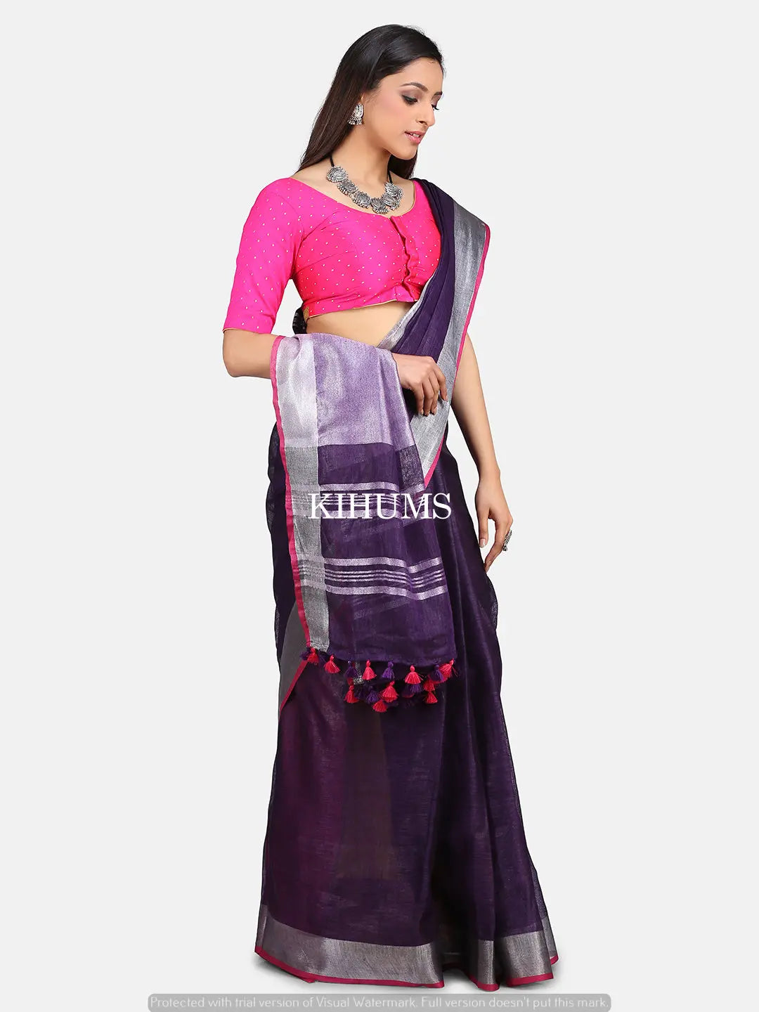 Dark Purple Shade Handmade Pure Linen Saree | Silver Border with Pink Kanni | KIHUMS Saree kihums clothing