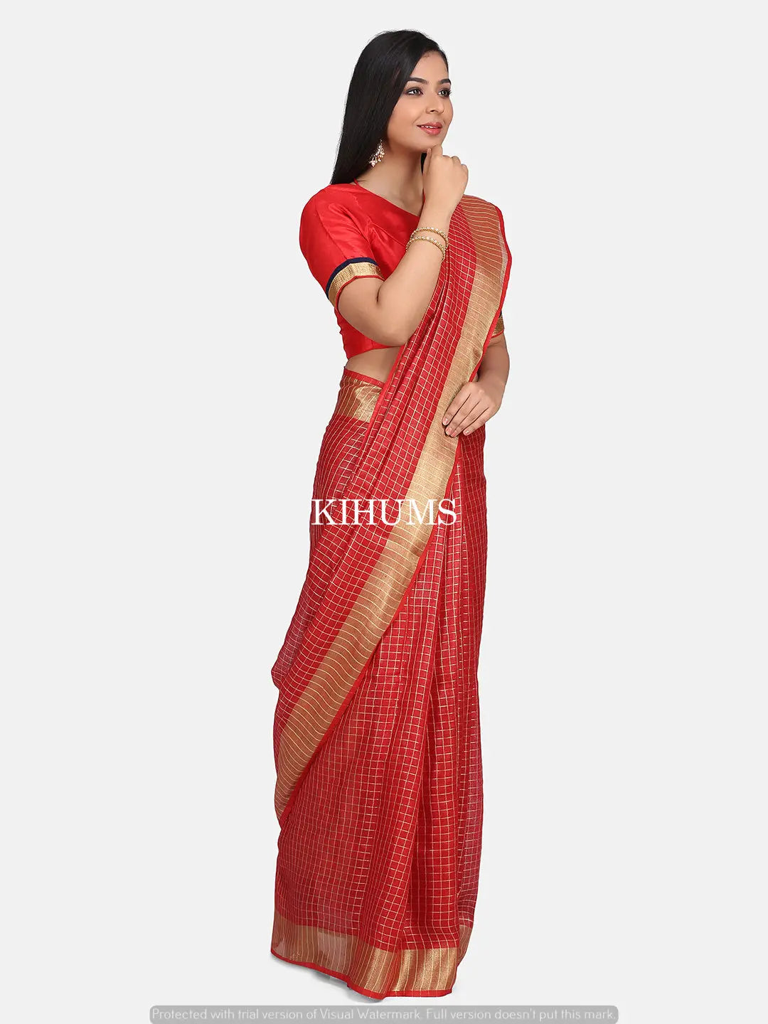 Dark Red Shade Handmade Pure Linen Saree | Gold Zari Checks | KIHUMS Saree kihums clothing