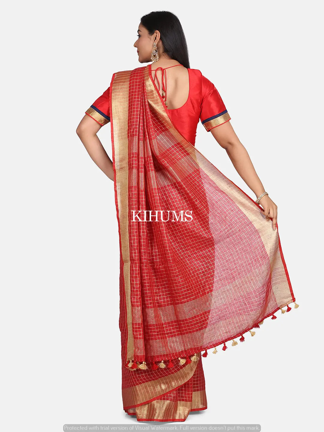 Dark Red Shade Handmade Pure Linen Saree | Gold Zari Checks | KIHUMS Saree kihums clothing