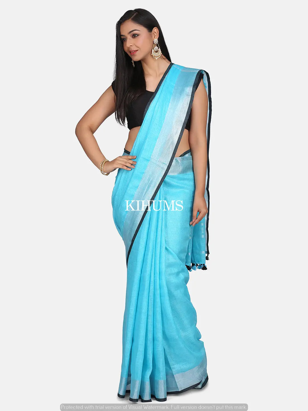 Blue Handwoven Linen Saree | Silver Zari border | KIHUMS Saree kihums clothing