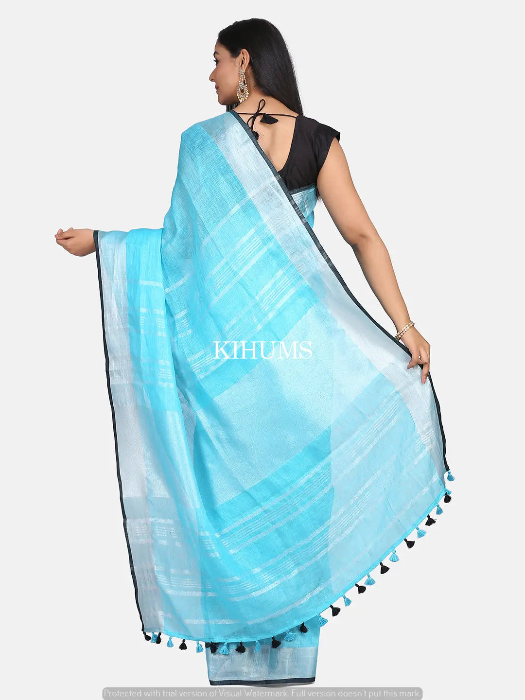 Blue Handwoven Linen Saree | Silver Zari border | KIHUMS Saree kihums clothing