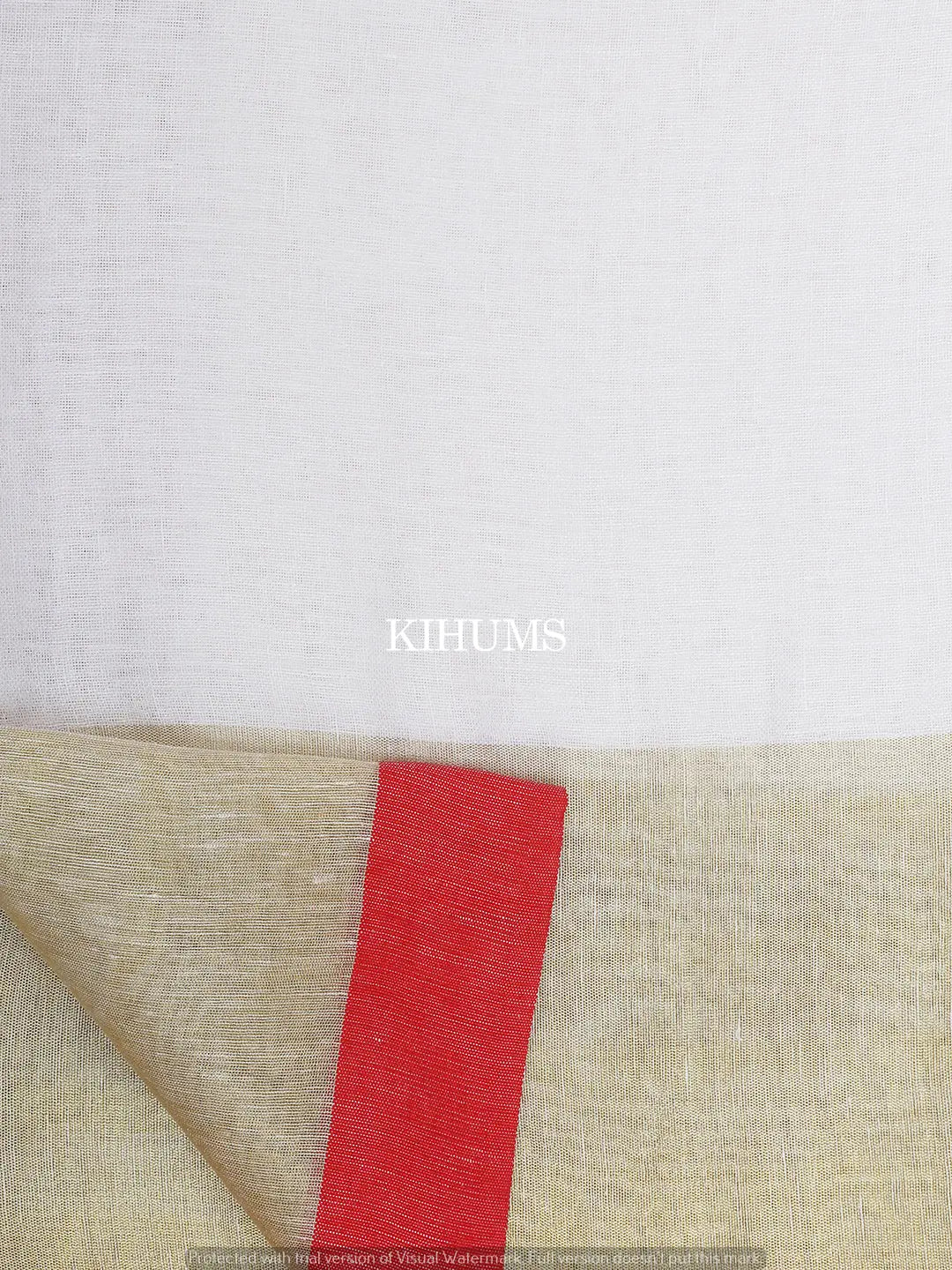 White Handwoven Linen Saree | Gold and Red Zari border | KIHUMS Saree kihums clothing