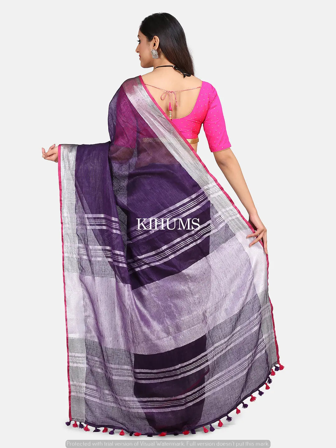 Dark Purple Shade Handmade Pure Linen Saree | Silver Border with Pink Kanni | KIHUMS Saree kihums clothing