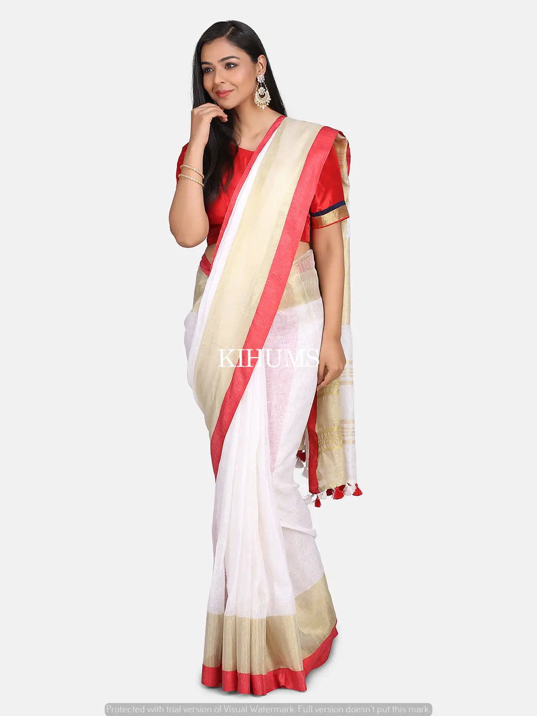 White Handwoven Linen Saree | Gold and Red Zari border | KIHUMS Saree kihums clothing