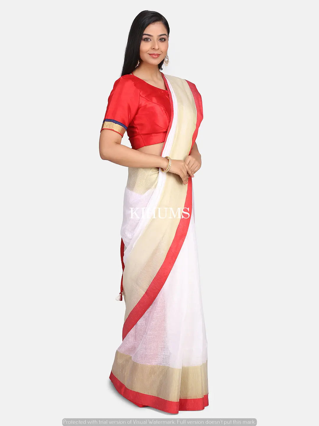 White Handwoven Linen Saree | Gold and Red Zari border | KIHUMS Saree kihums clothing
