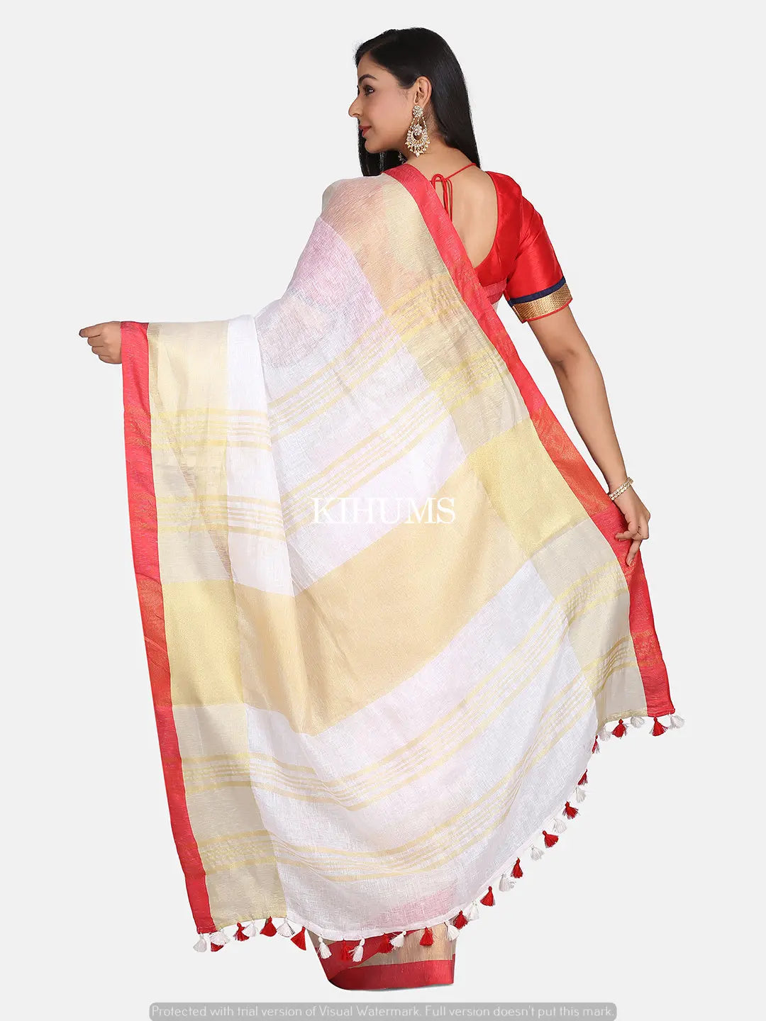 White Handwoven Linen Saree | Gold and Red Zari border | KIHUMS Saree kihums clothing
