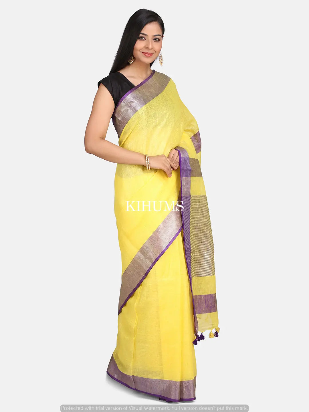 Yellow Handwoven Linen Saree | Silver Zari border | KIHUMS Saree kihums clothing