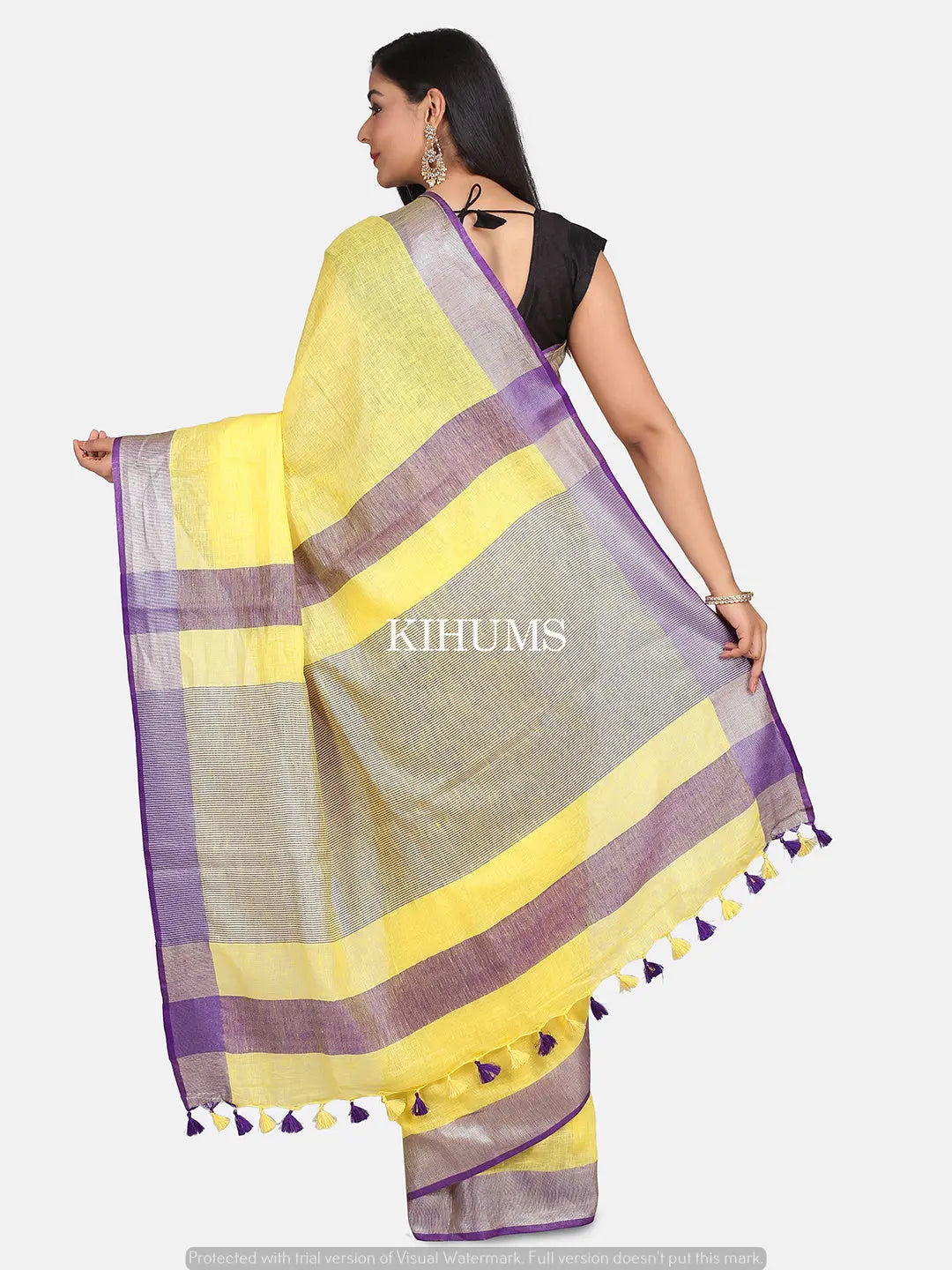 Yellow Handwoven Linen Saree | Silver Zari border | KIHUMS Saree kihums clothing