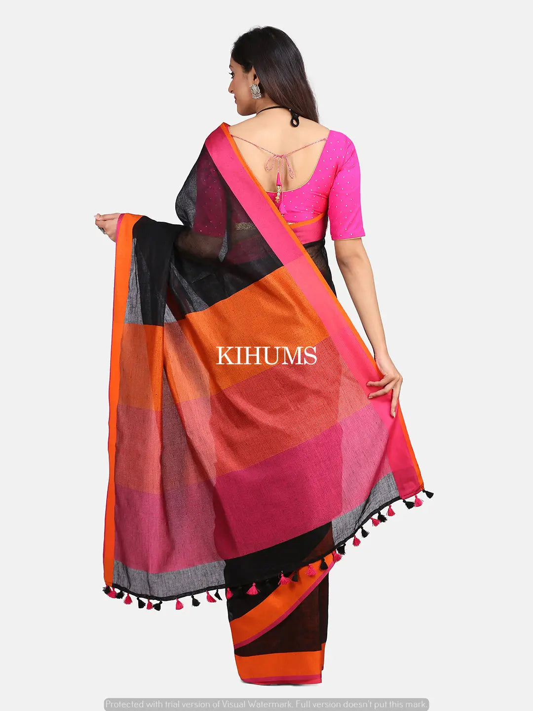 Black Handmade Pure Linen Saree | Contrast Colored Border | KIHUMS Saree kihums clothing