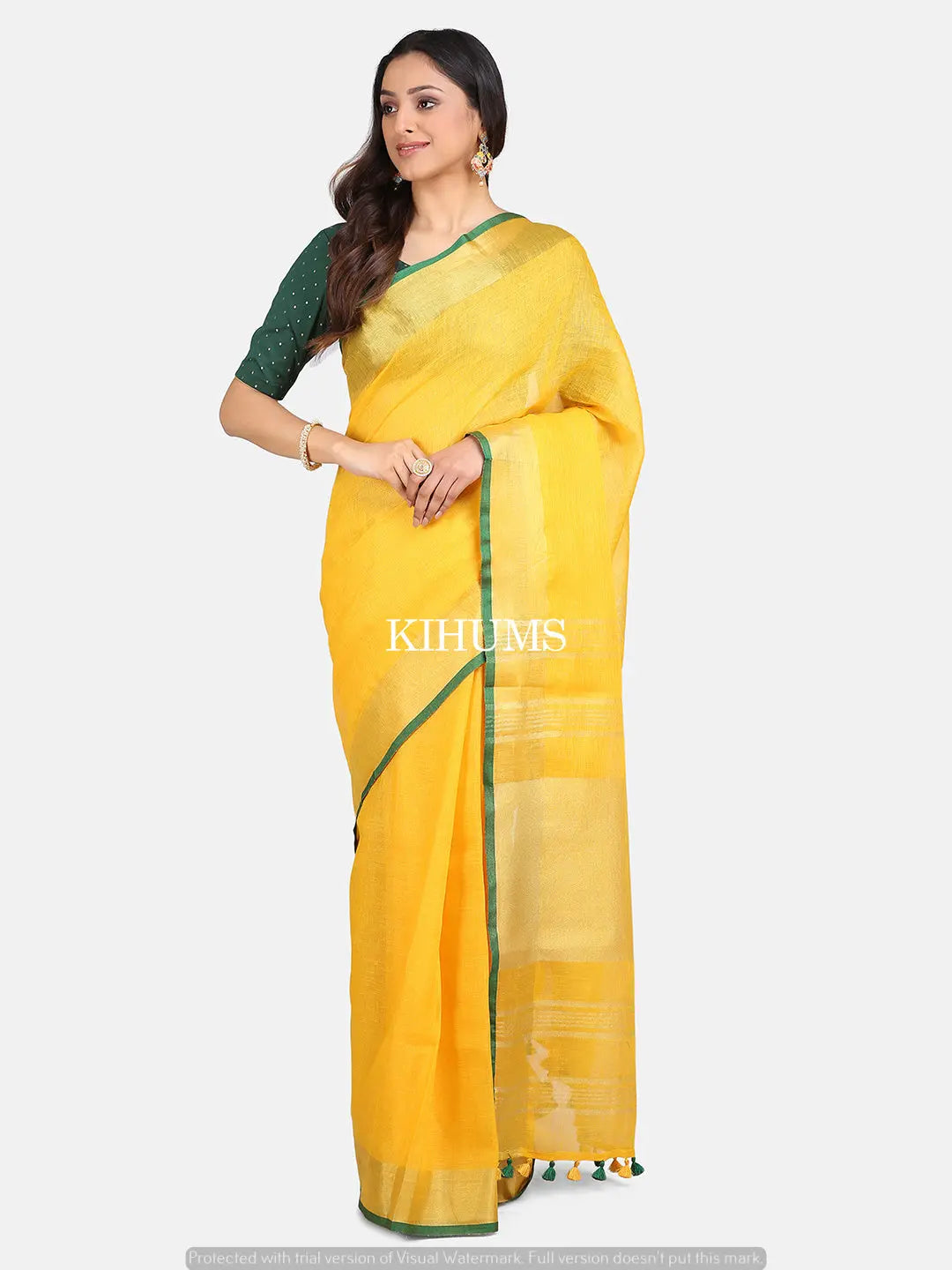 Yellow Handwoven Linen Saree | Gold Zari border | KIHUMS Saree kihums clothing