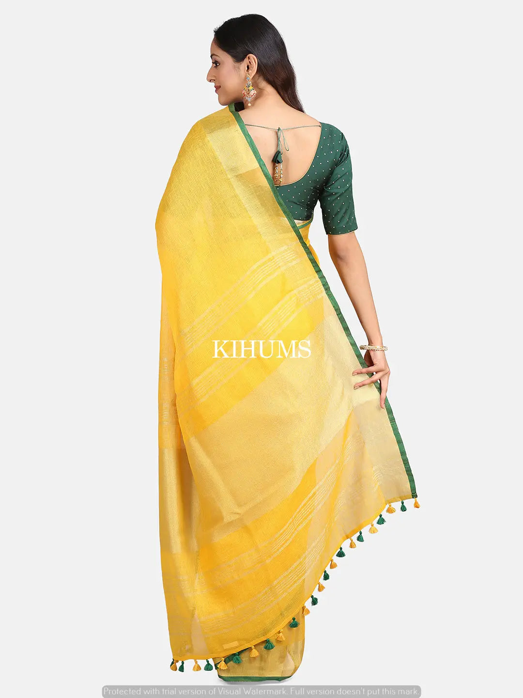 Yellow Handwoven Linen Saree | Gold Zari border | KIHUMS Saree kihums clothing