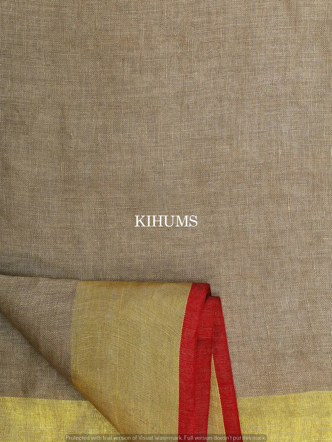 Beige Handwoven Linen Saree | Gold Zari and Red border | KIHUMS Saree kihums clothing