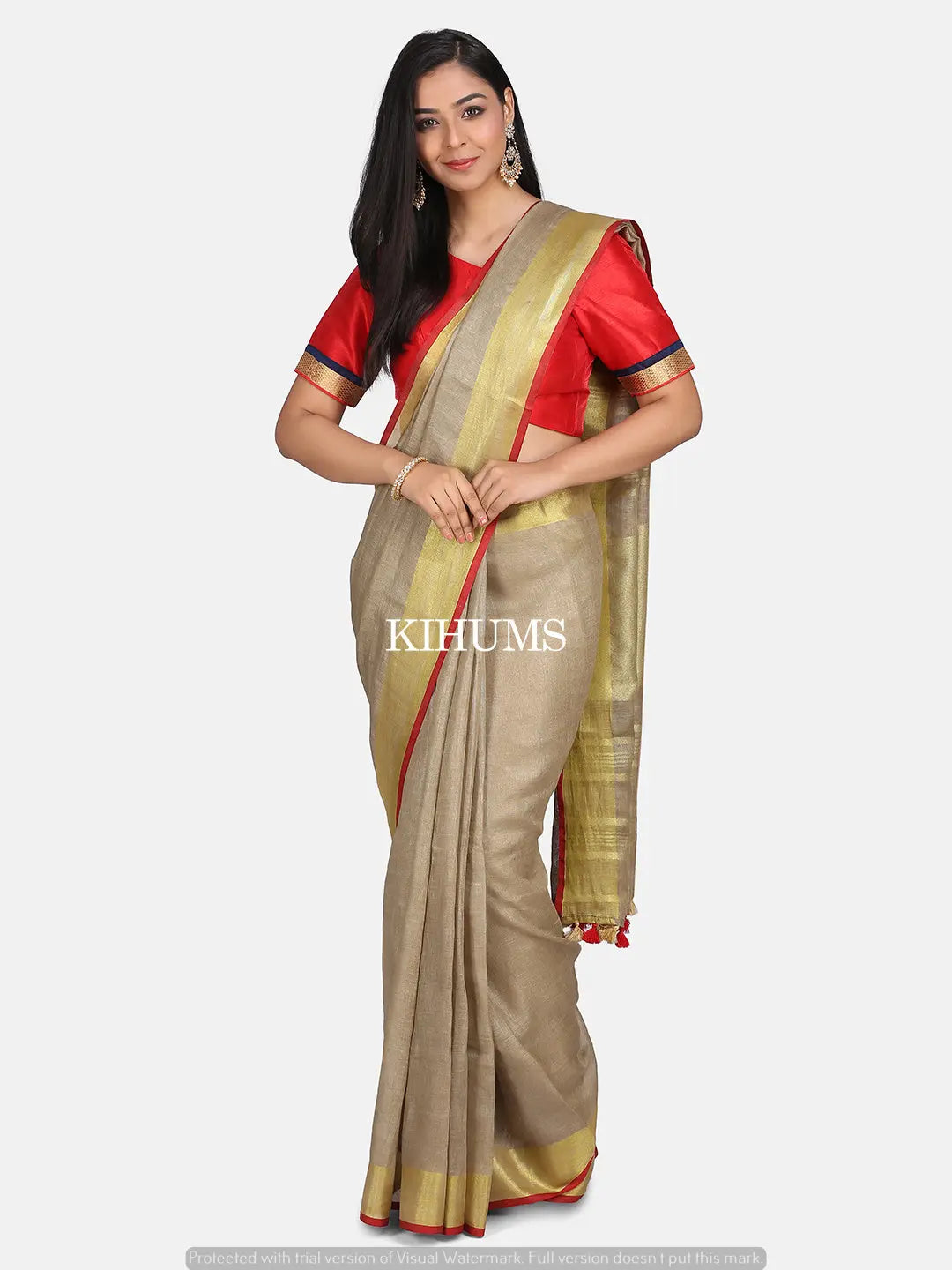 Beige Handwoven Linen Saree | Gold Zari and Red border | KIHUMS Saree kihums clothing
