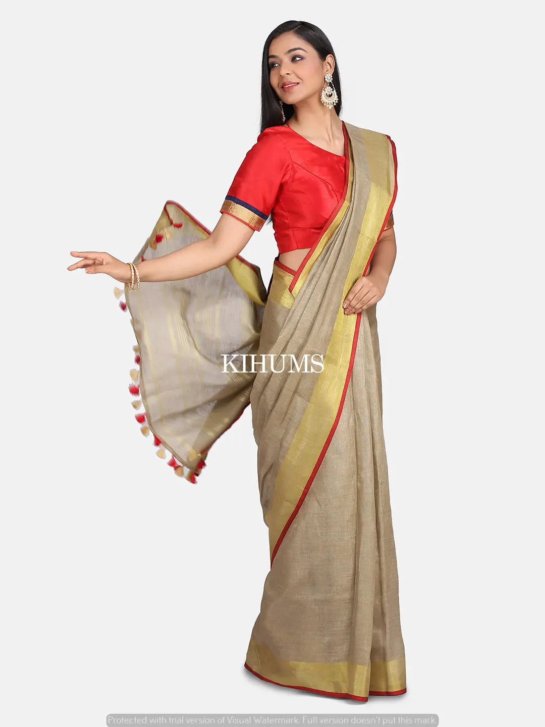 Beige Handwoven Linen Saree | Gold Zari and Red border | KIHUMS Saree kihums clothing