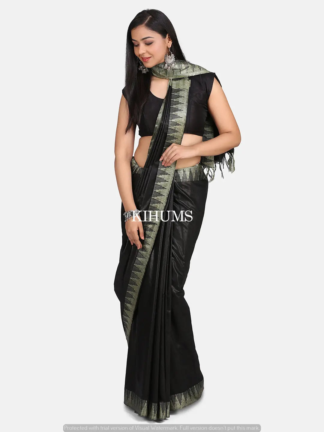 Black Shade Handmade Viscose Silk Saree | Temple Border | KIHUMS Saree kihums clothing