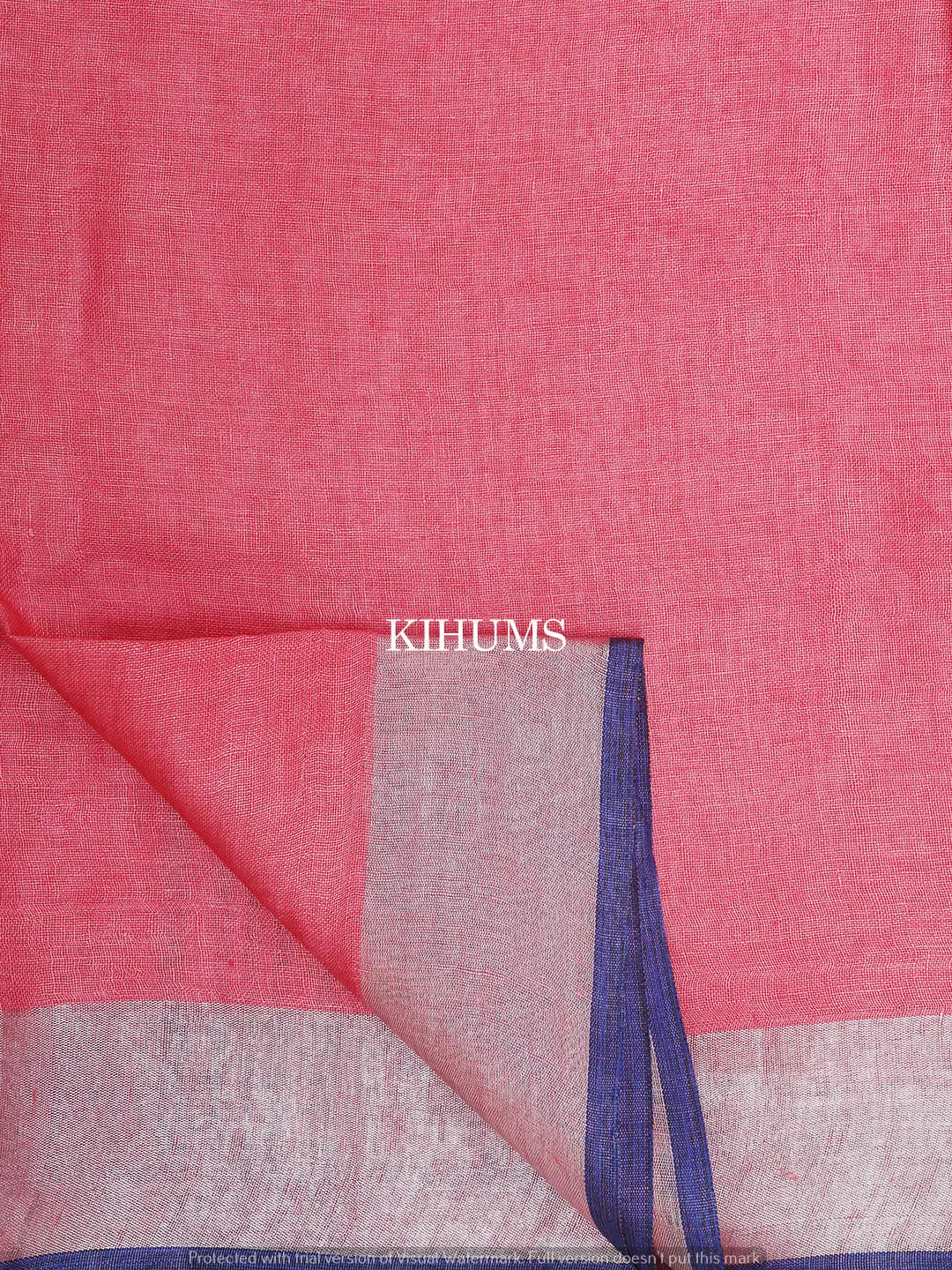 Salmon Pink Handmade Pure Linen Saree | Blue Border | KIHUMS Saree kihums clothing