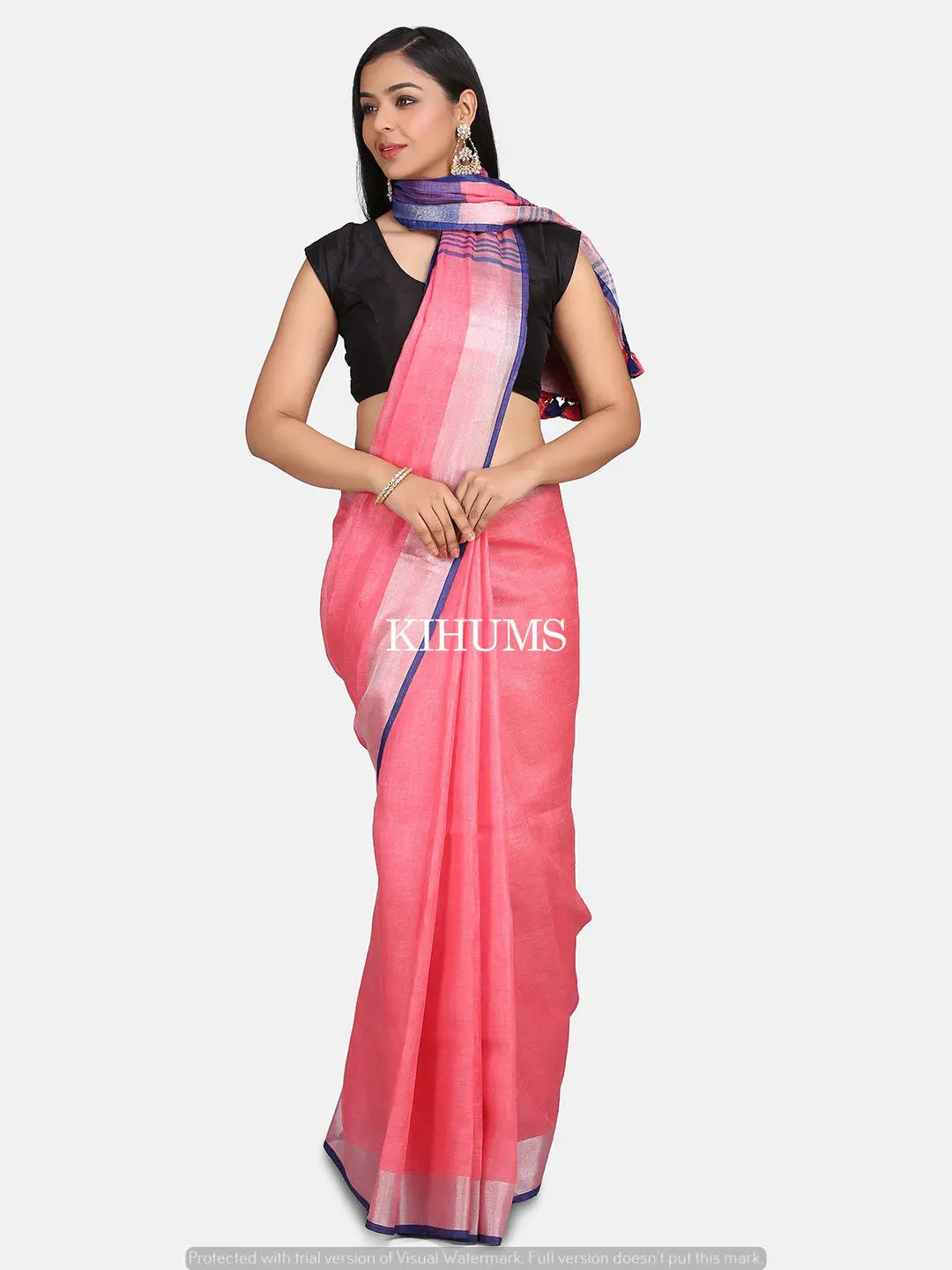 Salmon Pink Handmade Pure Linen Saree | Blue Border | KIHUMS Saree kihums clothing