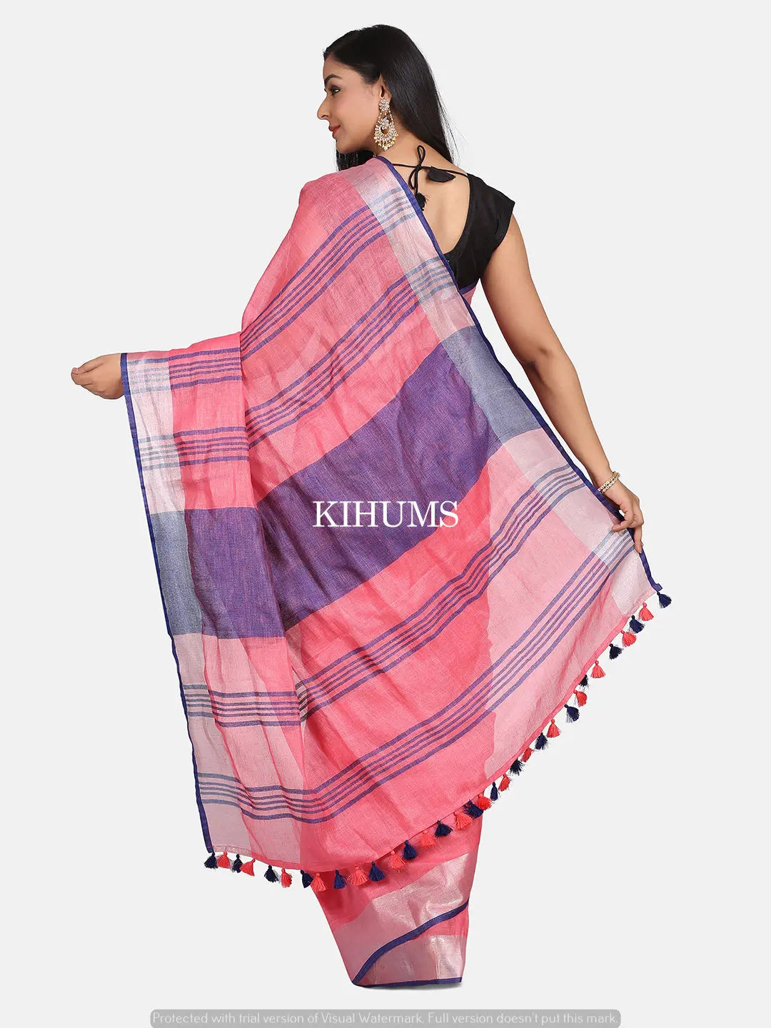 Salmon Pink Handmade Pure Linen Saree | Blue Border | KIHUMS Saree kihums clothing