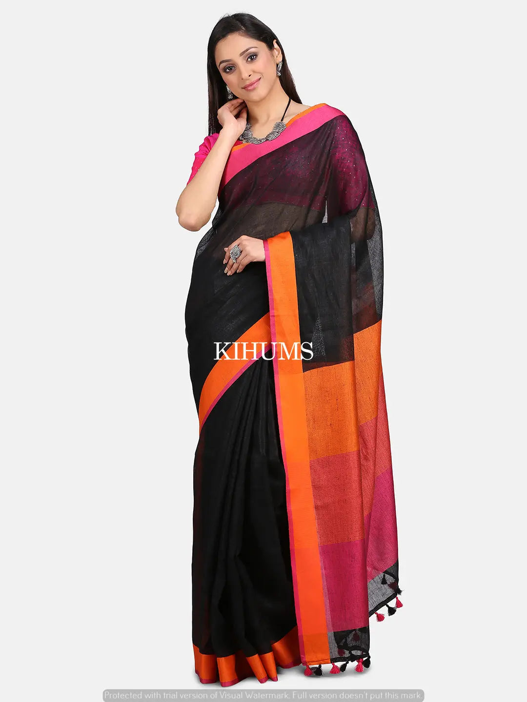 Black Handmade Pure Linen Saree | Contrast Colored Border | KIHUMS Saree kihums clothing