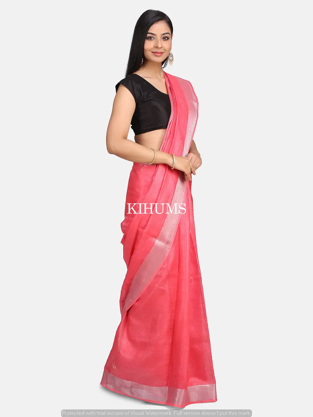 Salmon shade Handmade Pure Linen Saree | Blue Border | KIHUMS Saree kihums clothing