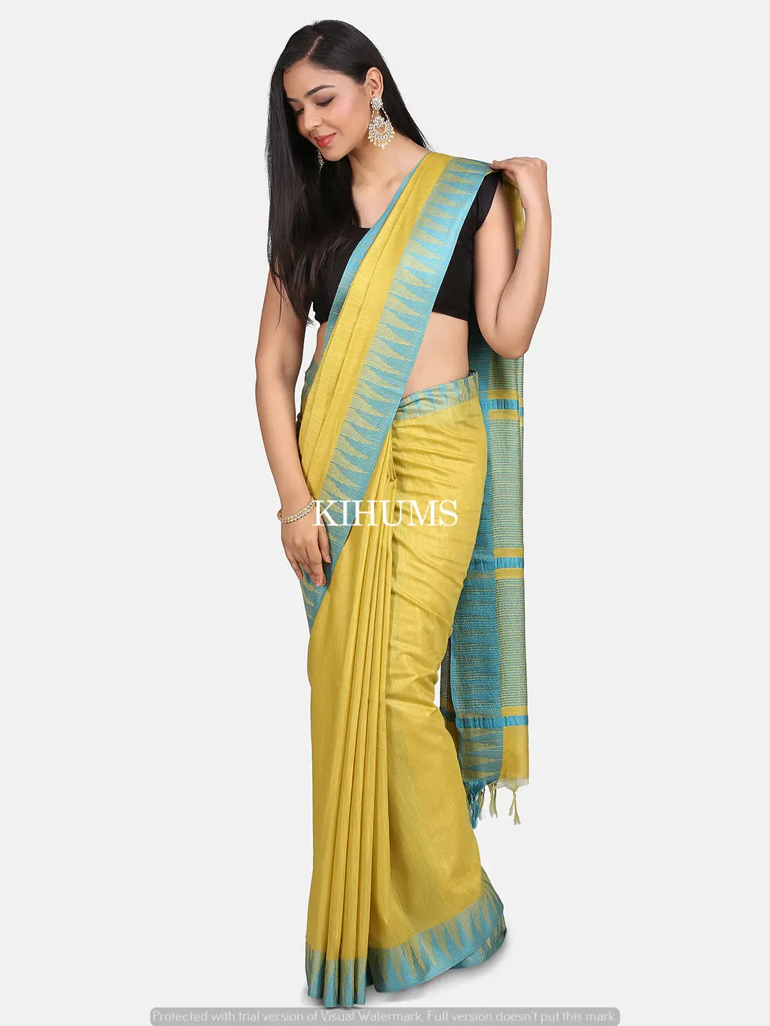 Mint Yellow Handmade Viscose Silk Saree | Temple Border | KIHUMS Saree kihums clothing