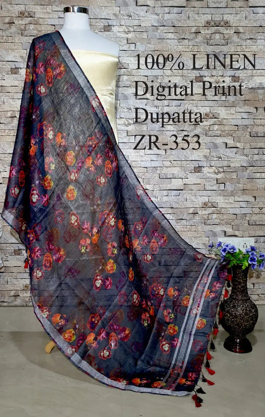 DUPATTA: Floral Digital Print Linen by Linen Dupatta with Long Tassels | KIHUMS Dupatta kihums clothing