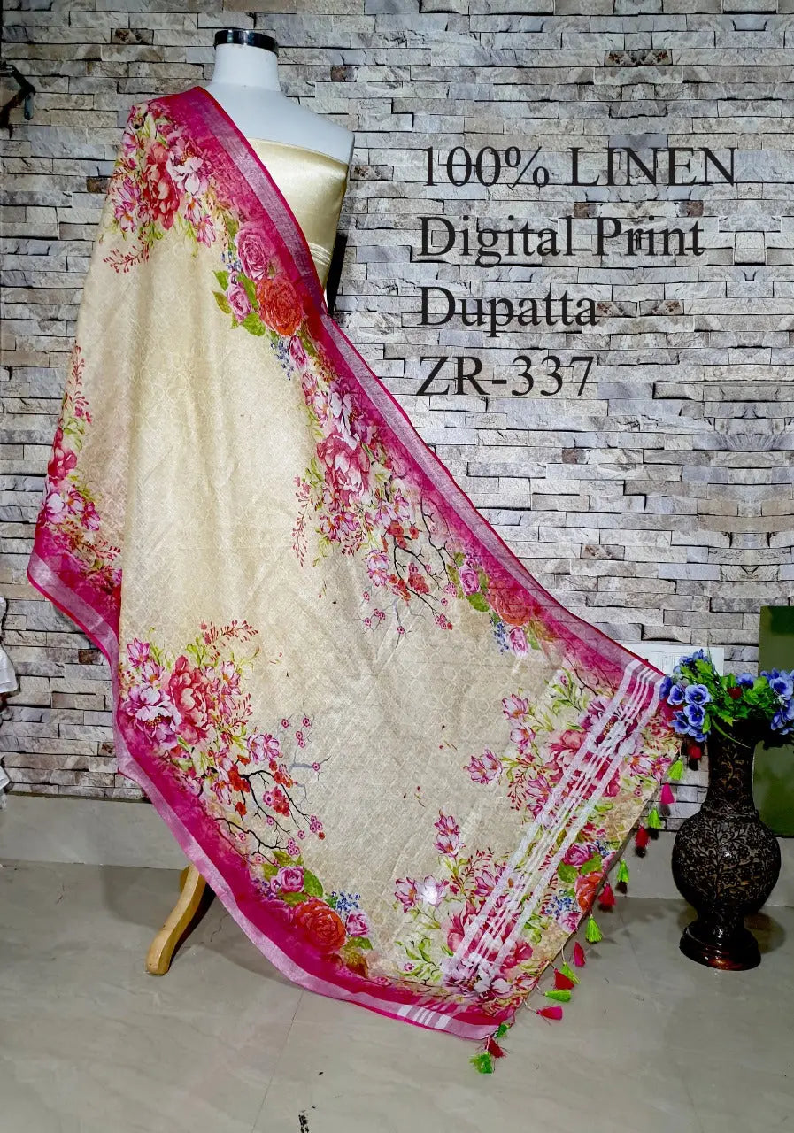 LINEN DUPATTA: Floral Digital Print Linen by Linen Dupatta with Long Tassels | KIHUMS Dupatta