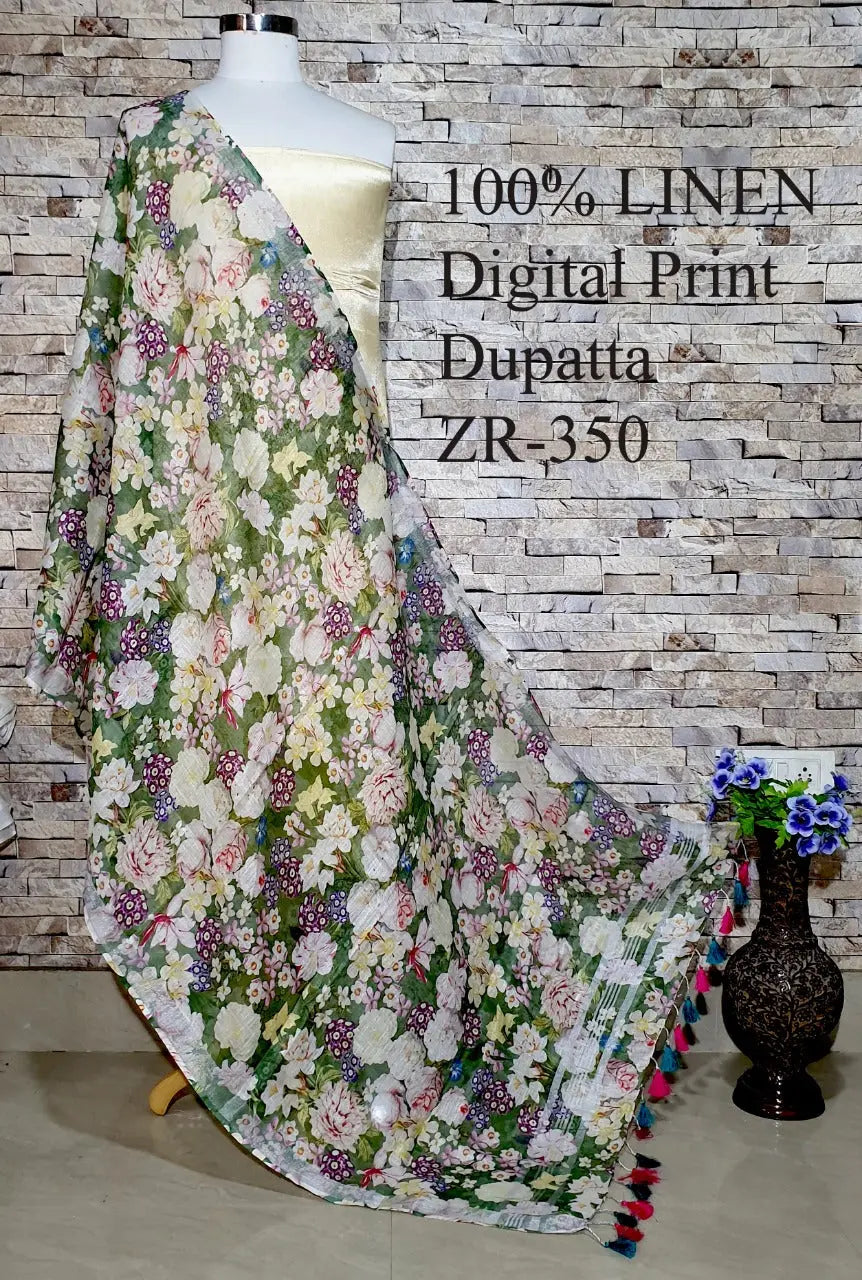 LINEN DUPATTA: Floral Digital Print Linen by Linen Dupatta with Long Tassels | KIHUMS Dupatta