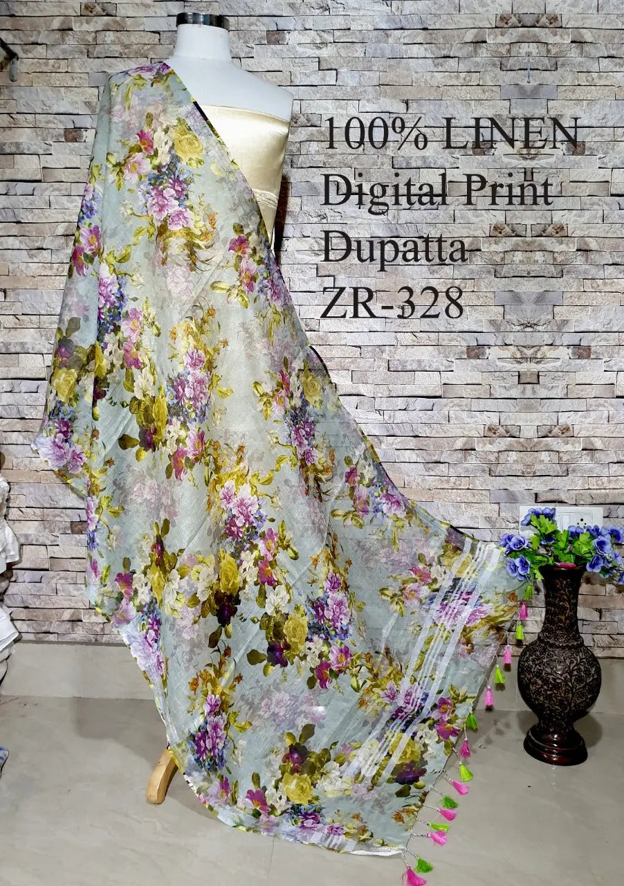 LINEN DUPATTA: Floral Digital Print Linen by Linen Dupatta with Long Tassels | KIHUMS Dupatta