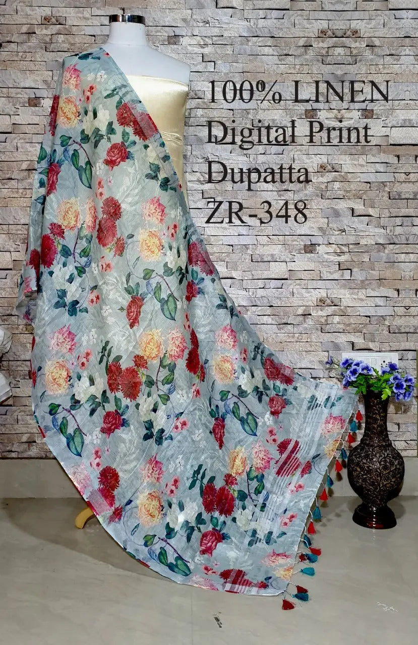 LINEN DUPATTA: Floral Digital Print Linen by Linen Dupatta with Long Tassels | KIHUMS Dupatta