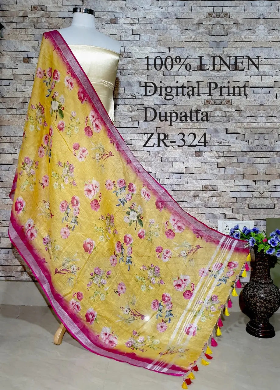 LINEN DUPATTA: Floral Digital Print Linen by Linen Dupatta with Long Tassels | KIHUMS Dupatta